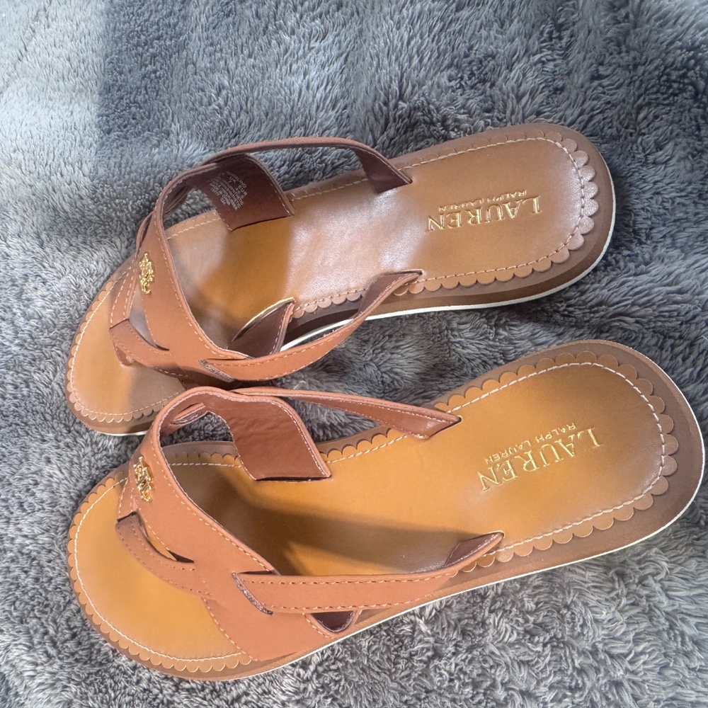 Lauren Ralph Lauren Sandals Brown Leather Thong Gold Logo Size 9 -  Classic Summ - Picture 7 of 11